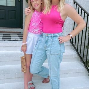 Barbiecore‎ Boutique High Neck hot pink Bow Back Racerback body suit Medium